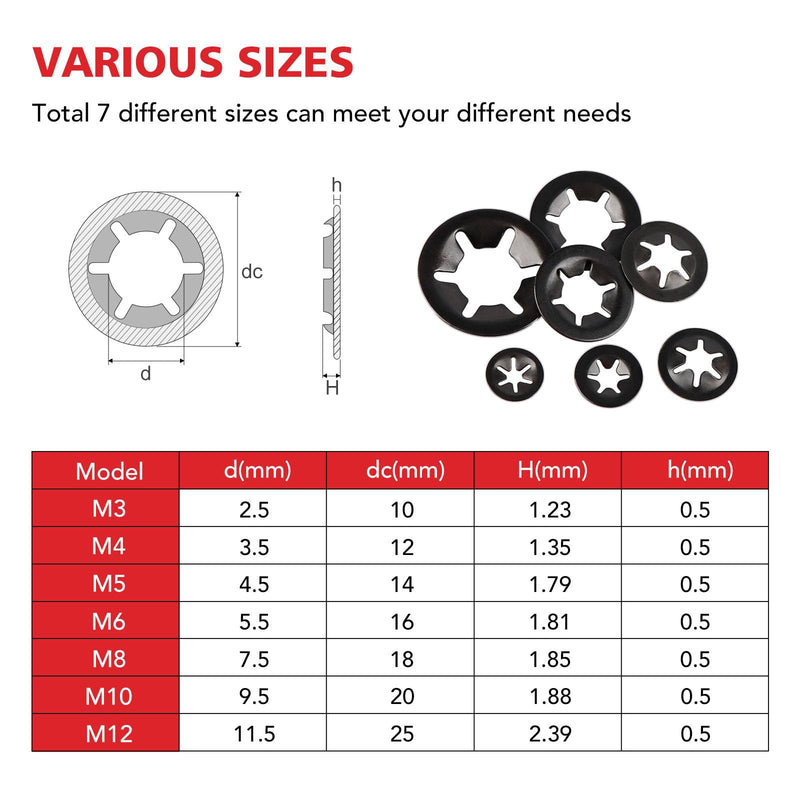[Australia - AusPower] - 350PCS Internal Tooth Star Lock Washers, Push Nuts Assortment, Press On Retaining Locking Washer Assortment Kit (Black) Black 
