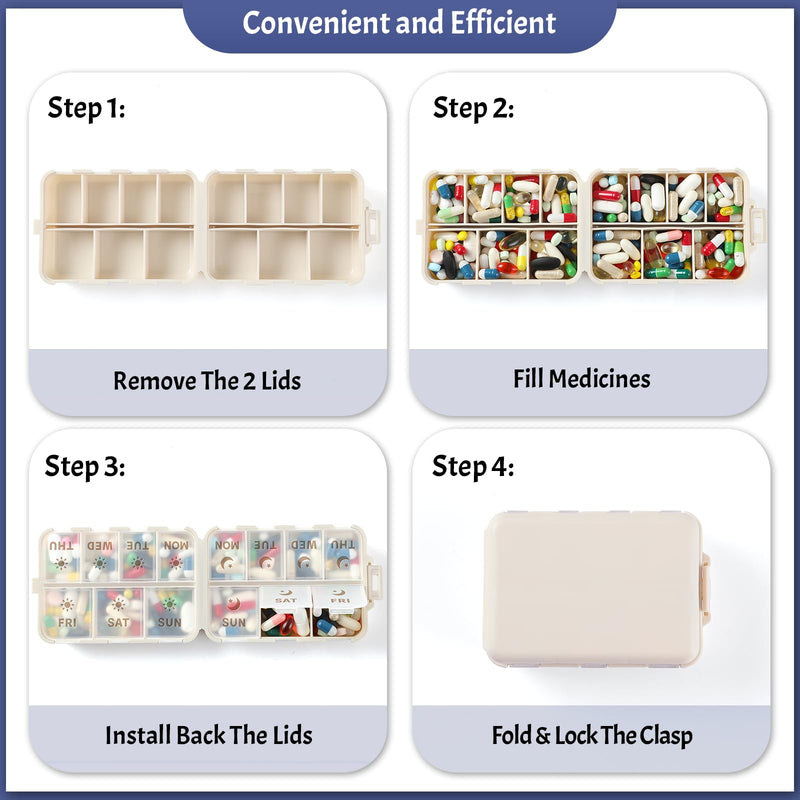 [Australia - AusPower] - NEW Foldable & Double Protection Portable Weekly Pill Organizer 2 Times A Day with Etched Labels, AM PM 7 Day Week Medicine Box, Daily Travel Pill Case Holder Dispenser for Vitamin, Supplement - Khaki 