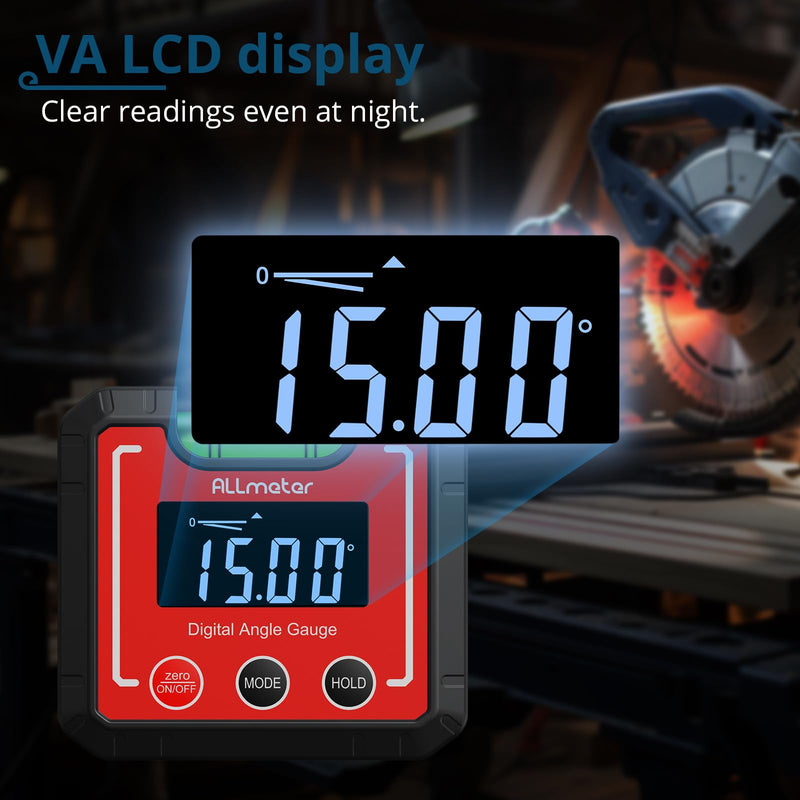 [Australia - AusPower] - Digital Angle Finder Magnetic ±0.1° Accuracy - Professional Woodworking Table Saw Inclinometer with IP52 Protection & Bubble Level Red 