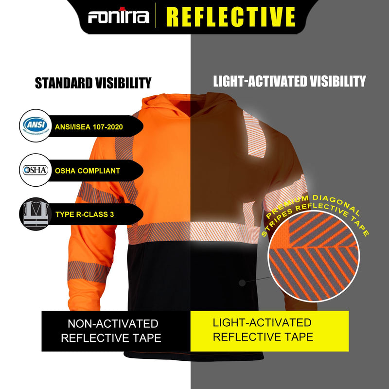 FONIRRA Safety Reflective High Visibility Long Sleeve T Shirts with Hood for Men Construction Work ANSI Class 3 Orange_hoodie XX-Large