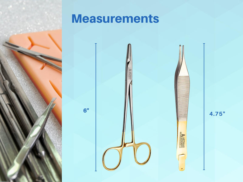[Australia - AusPower] - Bundle of Mayo Hegar Needle Holder 6" Gold Plated Handle with Tungsten Carbide Inserts & Adson Forceps Kocher with Skin Stopper at The Back 4.75" Straight Fine Point 1X2 Teeth by Artman Instruments 