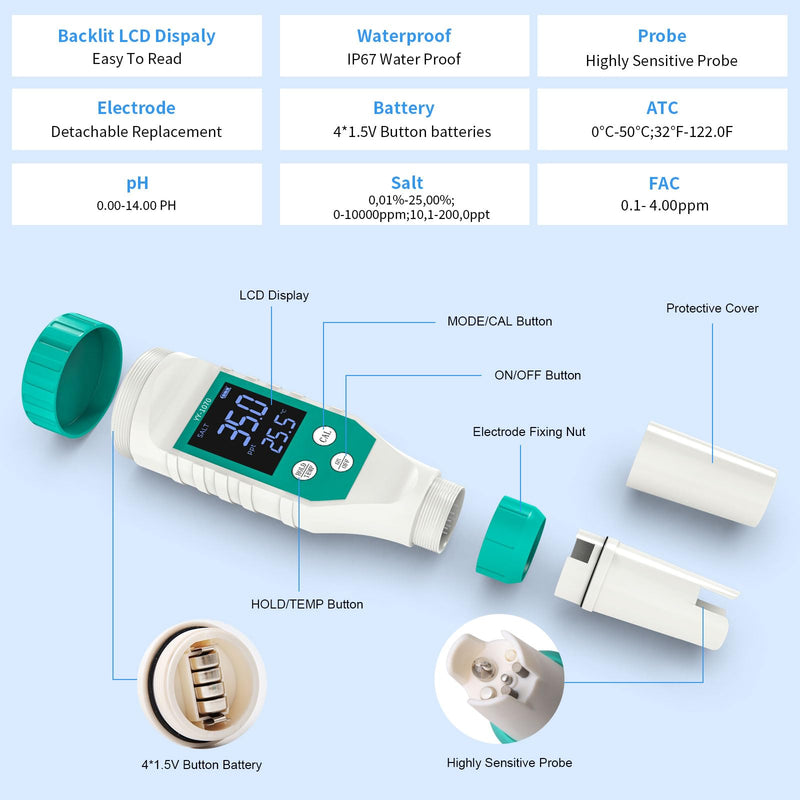 [Australia - AusPower] - Chlorine Tester for Pool, Pool Salt Tester and pHTester, 7 in 1 FAC Digital Salinity Tester for Saltwater Aquarium Sodium Chloride Swimming Pools Hot Tubs Spas 7 in 1 Chlorine Tester 