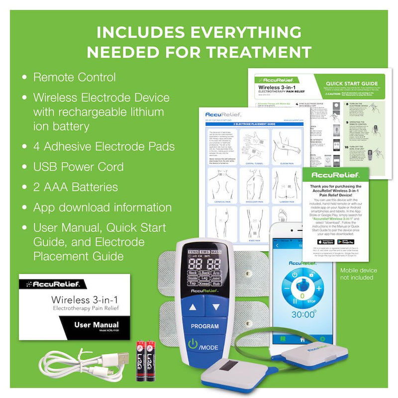 [Australia - AusPower] - AccuRelief Wireless Tens Unit and EMS Muscle Stimulator - Includes Pulse Massager - Pain Relief Device with Remote and Mobile App, TENS Machine, TENS Device 