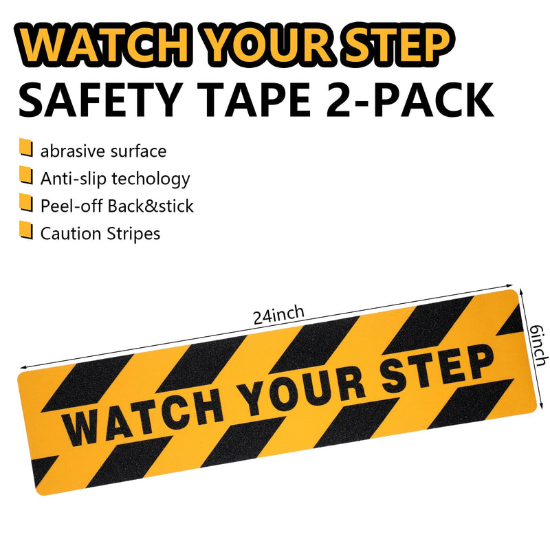 Boao 2-Pack “Watch Your Step” Anti-Slip Decals, 6”x24” Abrasive Hazard Warning Stickers, Waterproof, Durable PVC for Indoor/Outdoor Use on Stairs, Floors & Ramps, Orange