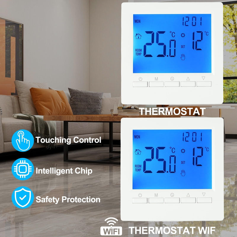 [Australia - AusPower] - Programmable Digital Room Thermostat with LCD Display for Gas Boiler Heating Control, UnderfloorTemperature Controller for Home Heating Boiler, Wall Mounted Or Freestanding, 5-90°C Range 