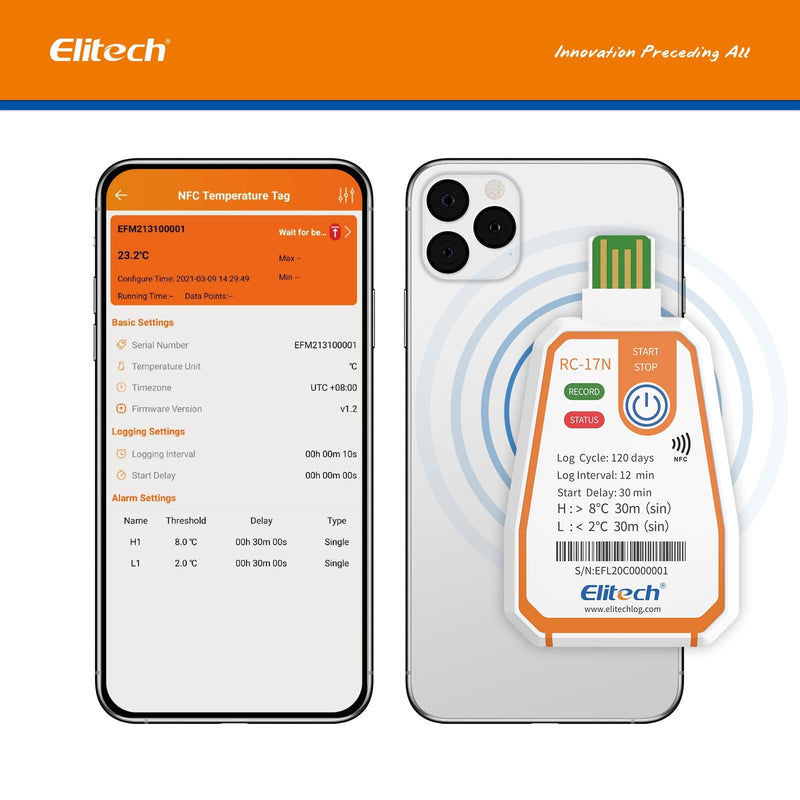 [Australia - AusPower] - Elitech 2Pack USB/NFC PDF Data Logger Recorder Single-use Disposable, up to 120 Days Transportation, Temperature Monitoring Report -22～158℉ RC-17N 120days RC-17N-NFC 2 