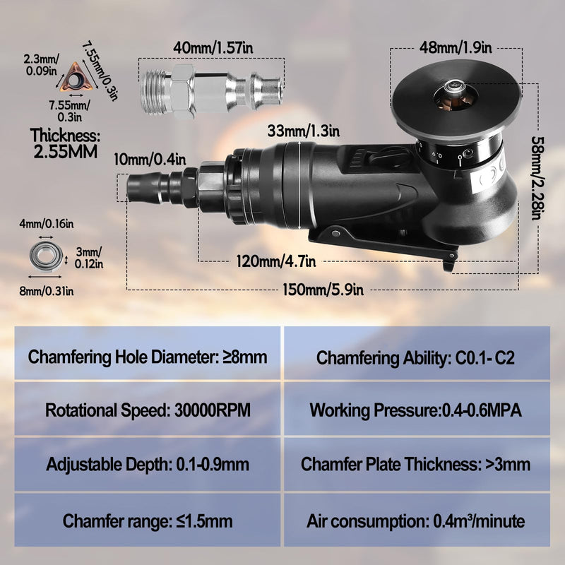 Pneumatic Chamfering Tool Handheld, Mini Air-Powered Chamfering Machine Trimming, 45° Arc Corner with 1/4 Inch Air Inlet for Metal Wood Beveling Deburring (C Angle Blades) C Angle Blades