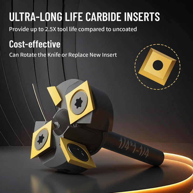 Slab Flattening Router Bit 1/4" Shank, 1-1/4" Cutting Diameter, 2+2 Titanium-Coated Flutes, Carbide Inserts for CNC Spoilboard Surfacing Planing and MDF Surfacing for Slab Leveler, Rabbeting 1/4" Shank, 1-1/4" Cutting Diameter,2+2 Wings
