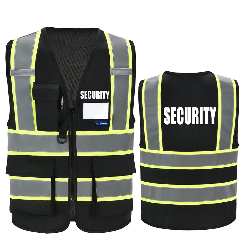AYKRM Security Vest for Men Women 7 Pockets High Visibility Reflective Safety Vest Front Zipper Meets ANSI/ISEA Black Small