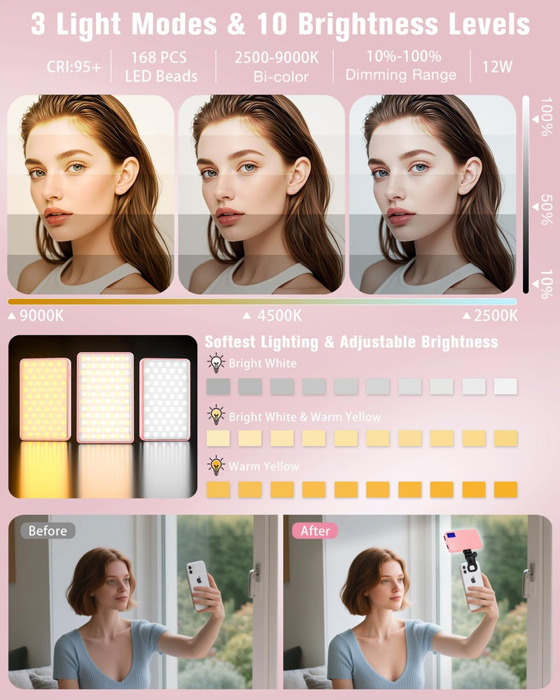 168 LED Selfie Light for iPhone, Phone Light, 3000mah Rechargeable Picture Light Clip Portable Lights for Phone, Camera, Laptop, iPad, 3 Lights Modes for Makeup, Video Conference, TikTok, Vlog (Pink) Pink