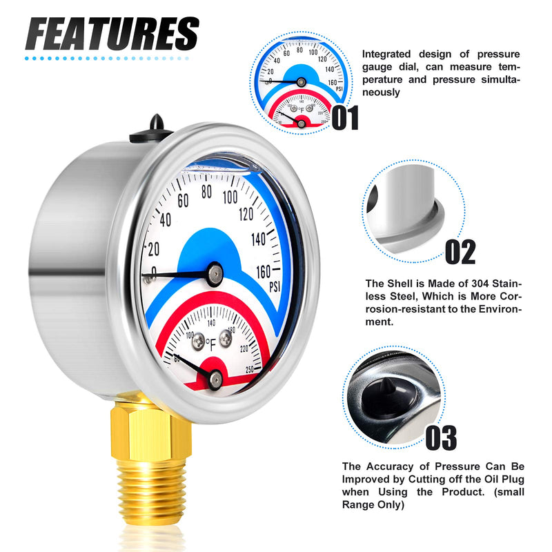 [Australia - AusPower] - MEANLIN MEASURE 2PCS 0-160Psi Stainless Steel Thermal Pressure Gauge 30-250℉ 1/4" NPT 2.5" FACE DIAL Liquid Filled Pressure Gauge, with 1/2" NPT and 3/8" NPT Hex Bushing, Lower Mount Liquid Filled/2PCS 