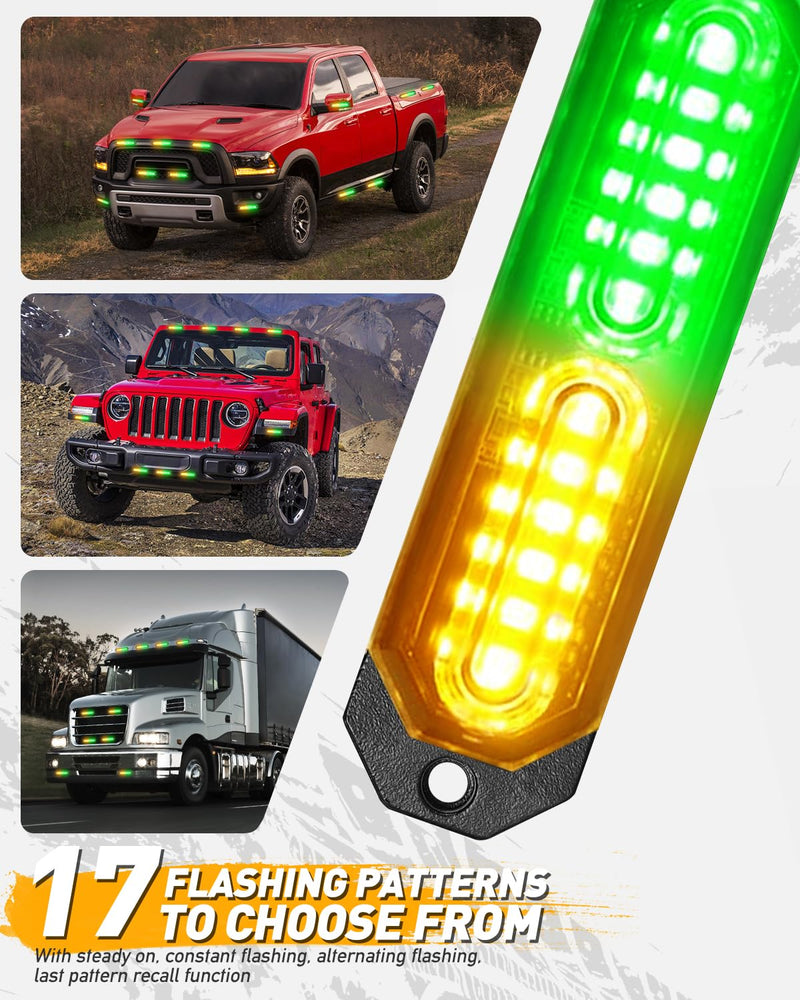 HLauto 1200T Emergency Strobe Grille Lights: 8pcs 12 LED Sync Feature Safety Warning Flashing Lights, Ultra Slim Surface Mount Hazard Caution Lights for Trucks, Vehicles, Car, ATV, UTV (Amber Green) Amber/Green