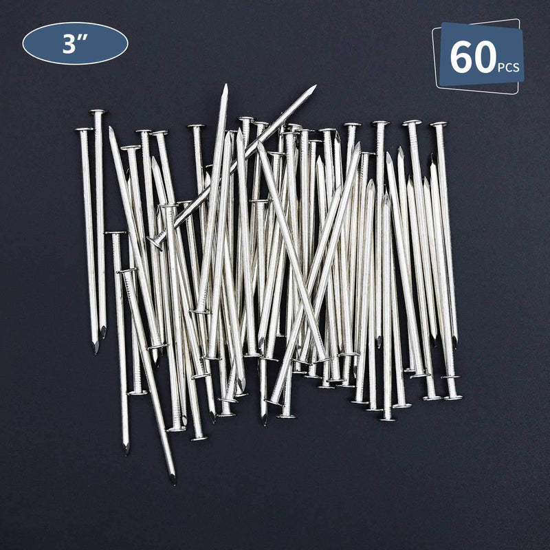 [Australia - AusPower] - 60pcs Hardware Nails, 3 Inches Nickel Plated Hanging Nails, Wall Nails for Hanging, Wood Nails, Long Nails (3 in) 3 In 60 