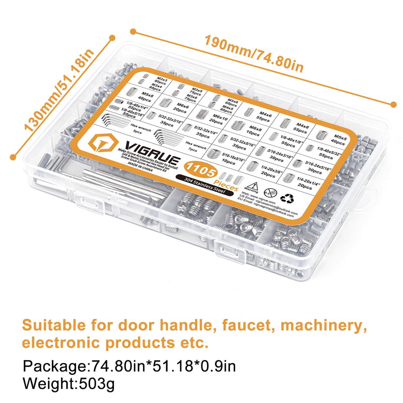 [Australia - AusPower] - VIGRUE 1105PCS 25 Sizes Metric & SAE Set Screw Assortment Kit Internal Hex Drive Allen Grub Screws Set Cup-Point 304 Stainless Steel, M3 to M8 and 1/8-40 to 5/16-18 Silver 