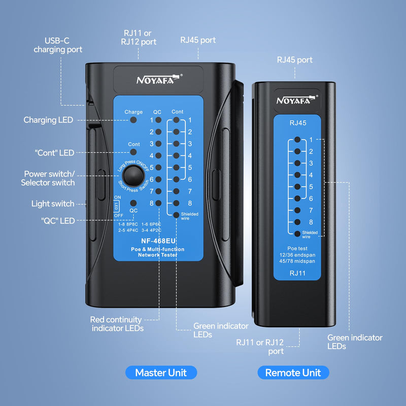 [Australia - AusPower] - Rechargeable Network Cable Tester, NF-468EU Ethernet Cable Continuity Tester for LAN RJ45/RJ11/RJ12/CAT5/CAT6/CAT7/POE Test UTP/STP Shielded Ethernet Wires Test Tool 