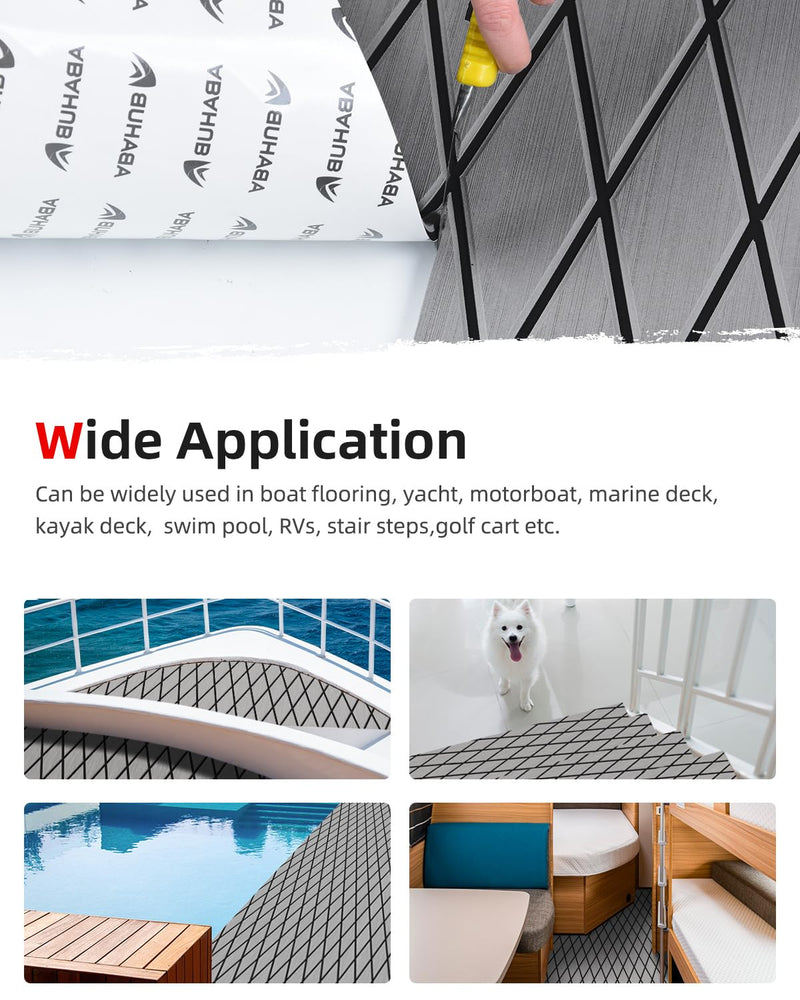 Abahub Diamond Pattern Boat Flooring with Self-Adhesive | Marine Decking Non Slip EVA Foam Sheet Trimmable Carpet for Motorboats RV Kayak Surfboard SUP 96''x16''/47'' Gray with Black Lines 96''L x 16''W