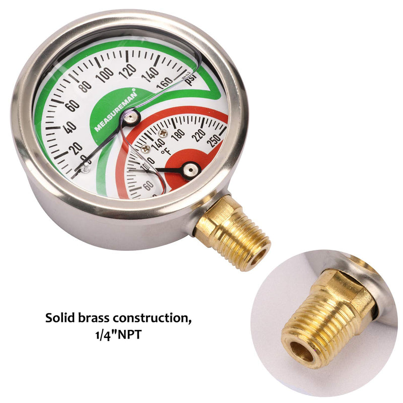 [Australia - AusPower] - MEASUREMAN Tridicator, Thermo-Manometer, 2-1/2", Silicone Oil Filled, 0-160psi/30-250 deg F, Stainless Steel Case, 1/4"NPT Lower Mount Pressure Gauge Lower Mount-Liquid Filled 