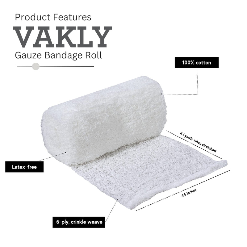[Australia - AusPower] - Sterile Krinkle Kerlix Type Gauze Bandage Rolls [Pack of 5] Highly Absorbent Fluff 100% Cotton Bandages Roll 4.5"x4.1yds 6-Ply - Individually Wrapped Mesh Gauzes + 1 Roll of Vakly Medical Tape 