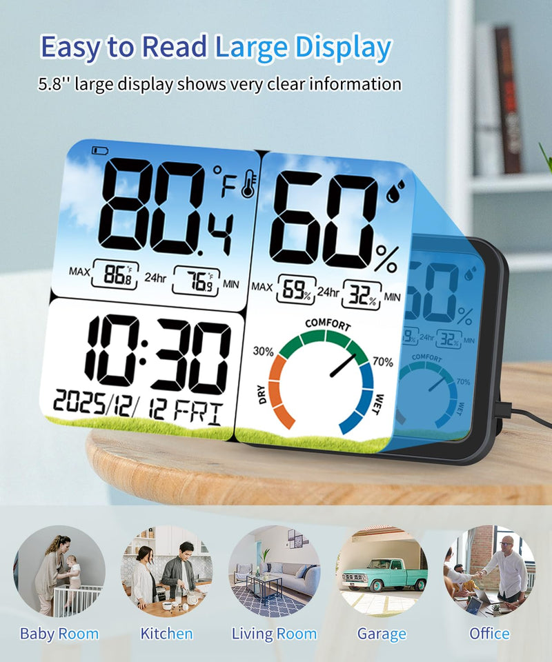 [Australia - AusPower] - VOCOO Digital Indoor Room Thermometer - 5.8'' Extra Large Display Temperature Humidity Sensor with Accurate Temp Humidity Gauge Monitor, Calibration, Max & Min Records, Comfort, Backlit, Date & Clock Black 