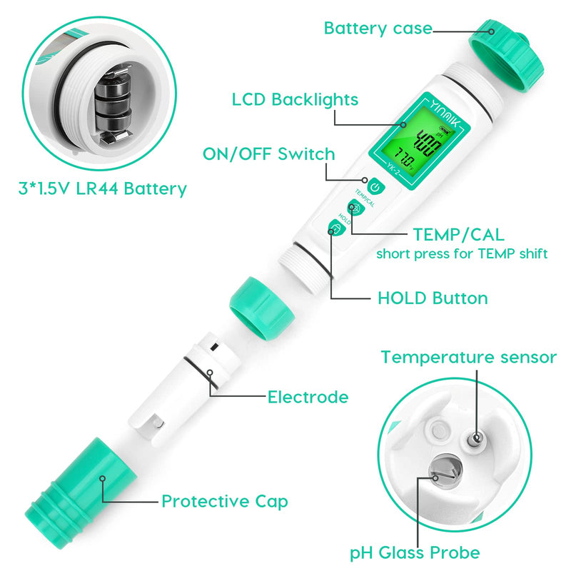 YINMIK Digital pH Meter with Extra Replaceable Probe, Pocket pH Tester for Hydroponics, Accurate Water Tester for Swimming Pool Hot Tub Aquariums Home Wine Brewing 2 in 1 pH Meter