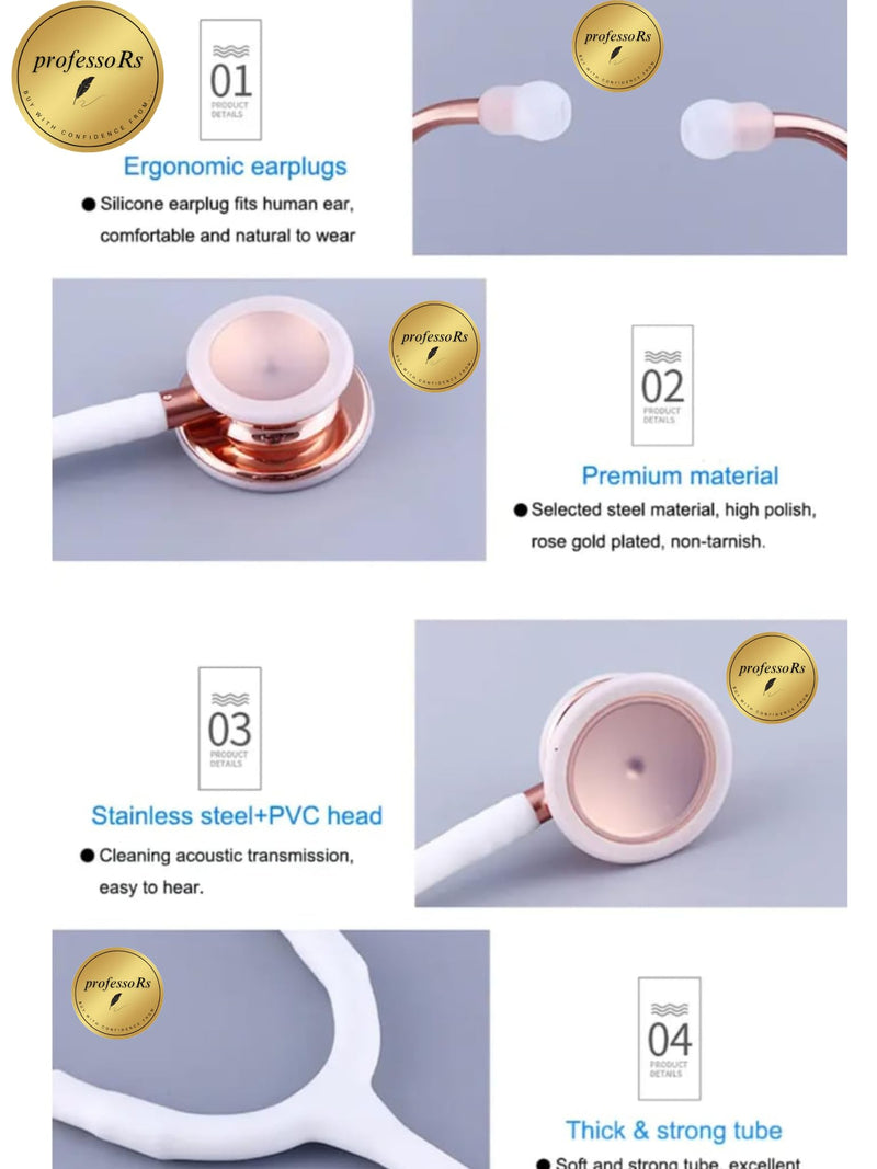 [Australia - AusPower] - White Stethoscope for Students Nurse Doctor, Beautiful Gold-Plated Stetho for Clinical Use, Professional high-sensitivity fiber membrane, Double Sided Stethoscope, estetoscopio medico 