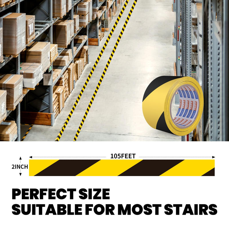 ADHES Black & Yellow Hazard Warning Safety Tape, 2 Inch x 35 Yards x 2 Rolls High Visibility Wear Resistant Floor Marking Caution Tape for Indoor & Outdoor, Gym, Factory, Parking, School and More