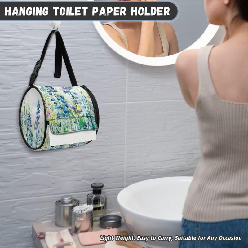 ZDCUSTOM Blue Flower Hanging Toilet Paper Holder Kitchen Paper Towel Holder Roll-Tissue Dispenser Toilet Paper Storage Bag with Adjustable Strap for Camping Bathroom RV Car