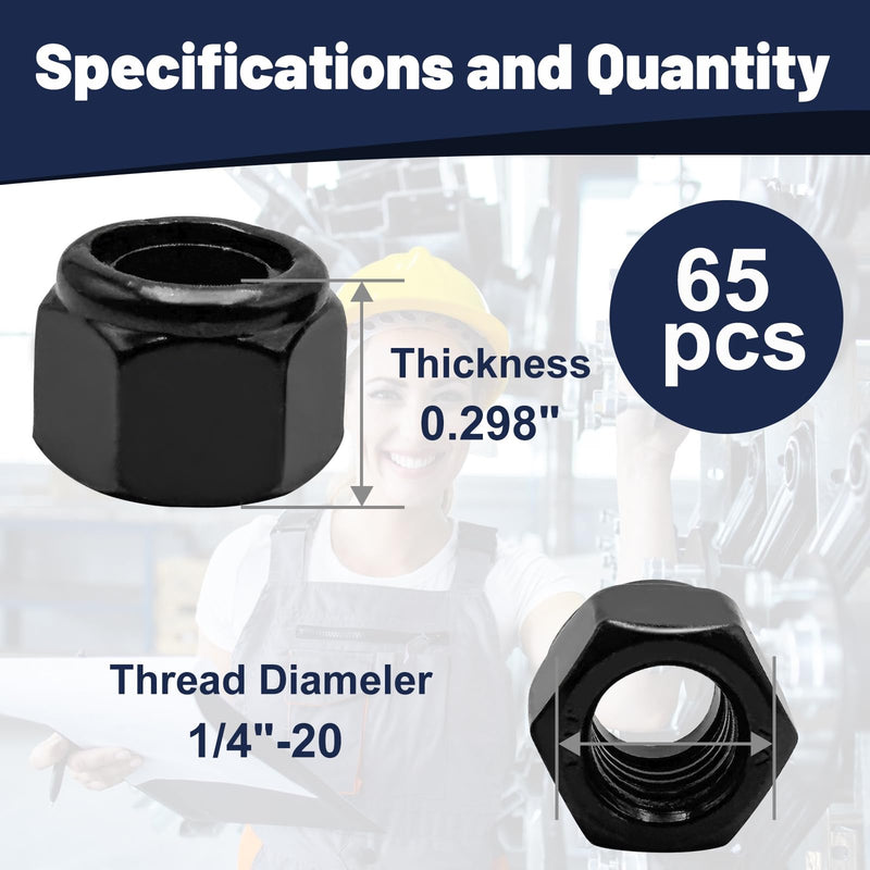 [Australia - AusPower] - ZQZ 1/4"-20 Black Nylon Lock Nuts, 65PCS 304 (A2-70) Stainless Steel Nylon Insert Locknuts, Black Oxide, Coarse Thread Nylock Nuts 1/4-20, 65pcs 