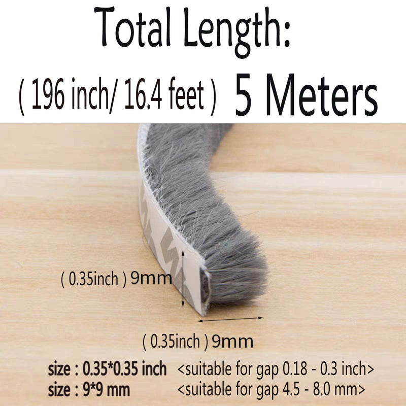[Australia - AusPower] - Self-Adhesive Pile Weather Stripping Seal for Sliding Windows and Door Frames, 16.5ft x 11/32 inch, Grey 16.5ft x11/32 x 11/32 brush inch Gray 