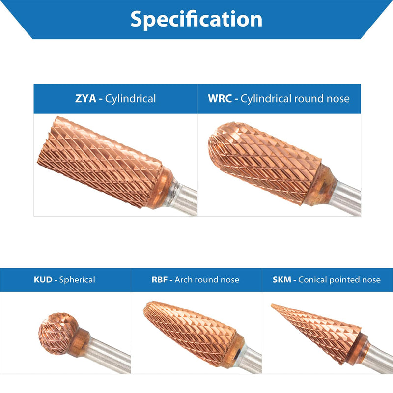 TJR® 3/8" head Carbide Burrs Set with 1/4" Shank 5pcs and ULTRACo Coating - Double Cut. For Steel, Stainless Steel, Hardened steel, and Aluminum, Wood for Grinding and Deburring applications