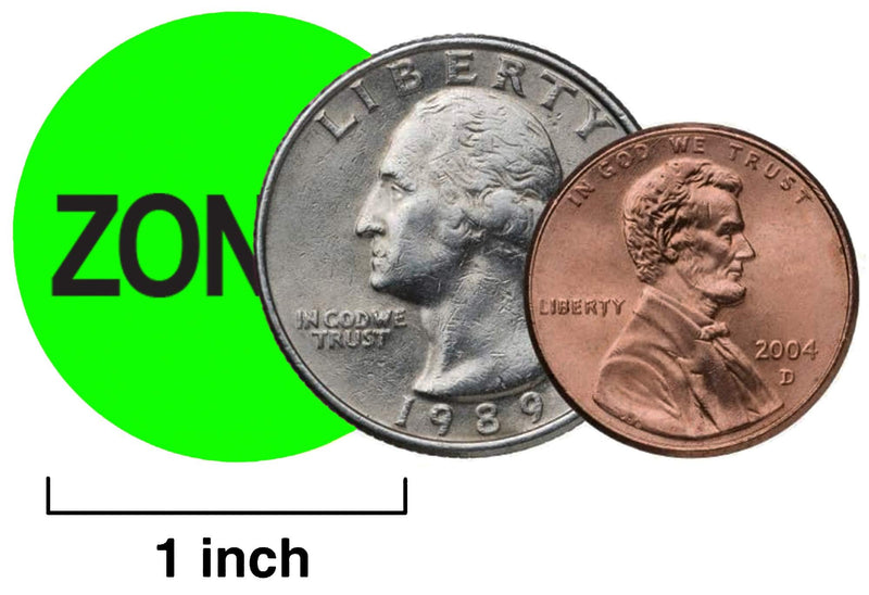 ChromaLabel 1 Inch Round Labels, 500 Labels per Dispenser Box, High Visibility for Warehouse Inventory, Fluorescent Green, Imprinted: Zone 1 1"