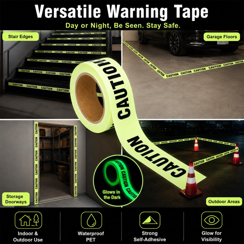 Glow in The Dark Tape Caution Tape Roll 2inx32.8ft Crime Scene Construction Warning Glow Tapes Indoor Outdoor Barricade Safety Night Decor Glows in The Dark Stairs Walls Exit Door Danger Areas (Black) Black