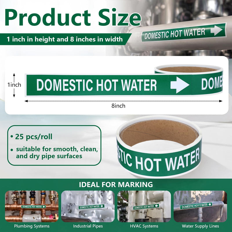 1 Roll Domestic Hot Water Label - 1" Height x 8" Width Pipe Markers, Self-Sticking - Plastic Film (Green) Green