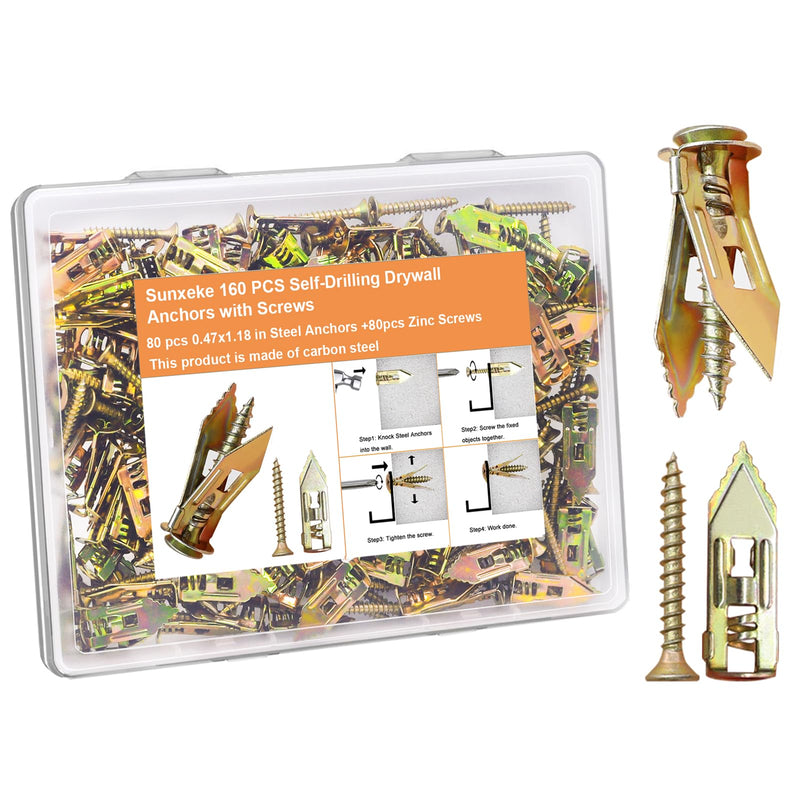 [Australia - AusPower] - 160 PCS Self-Drilling Drywall Anchors with Screws 2024 Upgraded Zinc Plated Steel Hollow Wall Anchors(0.47X1.18inch) and Screws, Easy Application No Drill or Holes in Wall 160 