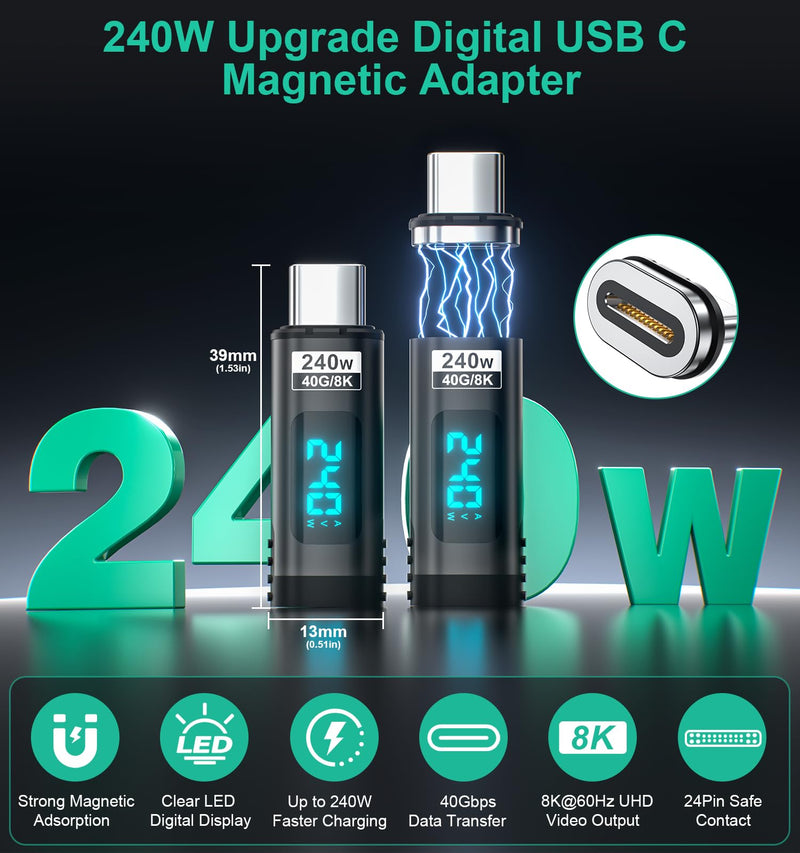 [Australia - AusPower] - 240W Digital Display USB C Magnetic Adapter 2Pack, 24Pin Straight USB C Power Meter Tester, Support Voltage, Current and Power Smart LED Display PD 240W, 40Gbps 8K 60Hz Video for 16/15, iPad, MacBook 