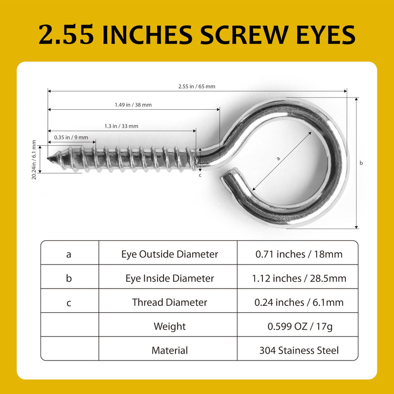 [Australia - AusPower] - 12 Pcs Screws Eye hooks 2.56 Inch 304 Stainless Steel Heavy Duty Eye Hooks Screw,m5 screw eye,Rust and Corrosion Resistant,Load Bearing 200LB,Indoor & Outdoor Use (12) 12 