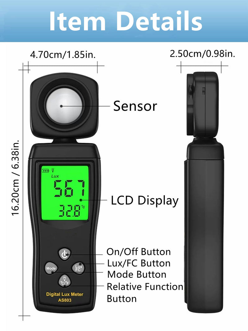 [Australia - AusPower] - Yankok AS803 Smart Digital Light Meter 1-200000 Lux Auto Measurement Lumen Checker Tools with High Accuracy 180D Rotatable Sensor Black 