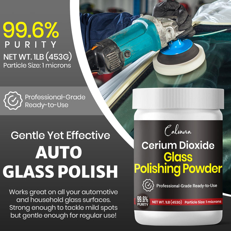 Calvana Cerium Oxide Glass Polishing Powder (1 lb) – Includes 100 PCS Polishing Buffing Wheels for Dremel Kit, Restores Clarity and Removes Wiper Marks, Swirls, and Water Spots, 1 Micron Polishing Powder + Polishing Buffing Wheels
