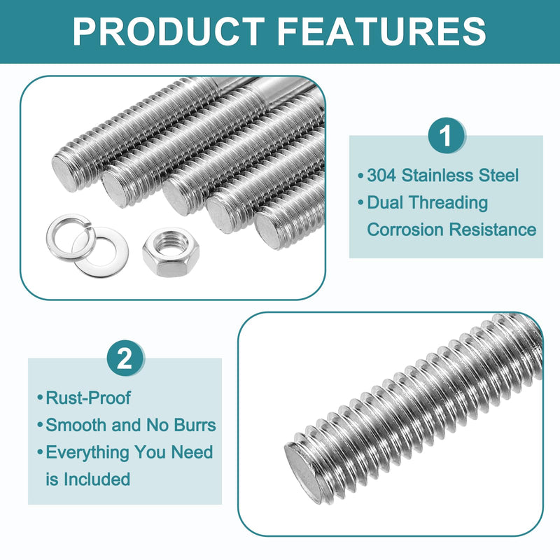 [Australia - AusPower] - uxcell 5pcs Double Ended Stud Screws, M8x70mm 304 Stainless Steel Dual Threaded Rod Bolts with Nuts and Flat & Lock Washers Double End Threaded Stud Screw Bolt for House Maintenance 5 
