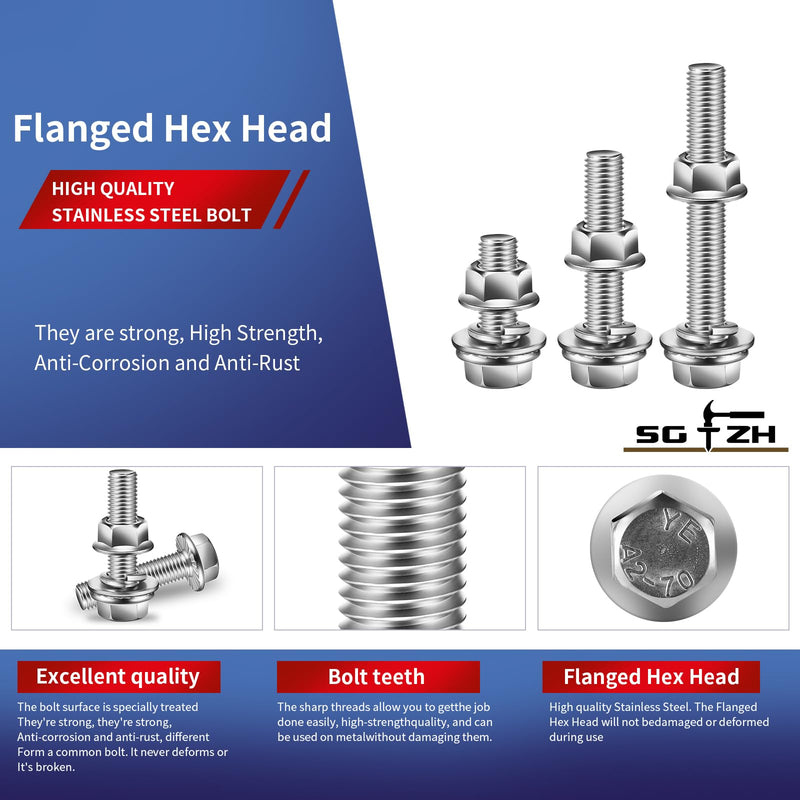 M10 x 16mm Flanged Hex Head Bolts, Nuts, Flat & Lock Washers, 20Pcs 18-8 (304) Stainless Steel, Fully Threaded, by SG TZH M10 x 16mm Silver 20