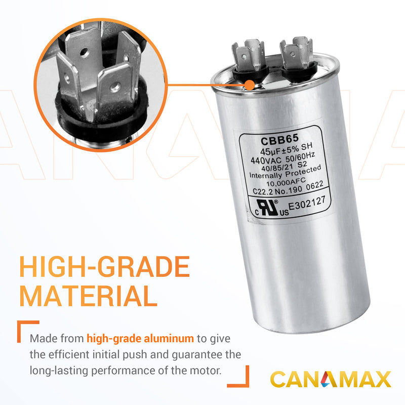 [Australia - AusPower] - Canamax 45 uf ± 5% MFD 370 Or 440V Round Run Capacitor - Replacement for Air Conditioner 50/60Hz for AC Motor Run or Fan Start and Cool or Heat Pump Air Conditioner 45uf 
