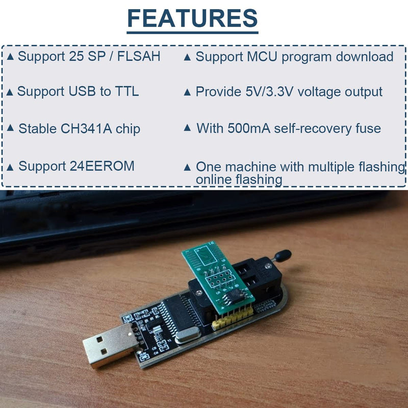 [Australia - AusPower] - CH341A 24 25 Series EEPROM Flash BIOS USB Programmer Module for 93CXX, with SOIC8 SOP8 Flash Chip Free Disassembly IC Test Clips Socket Adapter, 1.5m USB Extension Cable 
