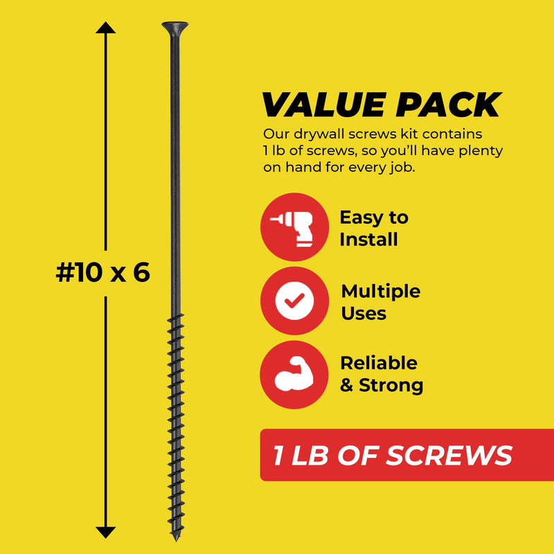 [Australia - AusPower] - Qualihome #10 Coarse Thread Sharp Point Drywall Screw with Phillips Drive #2 Bugle Head, 1 Lb/Pound, Black, Ideal Screw for Drywall Sheetrock, Wood and More (6 Inch) 6 Inch 