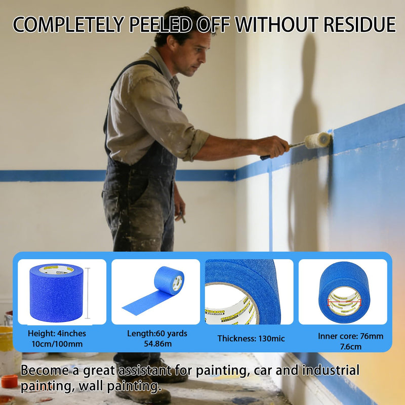 Blue Painters Tape 1rolls,4Inch x 60Yards,Blue Masking Tape,Paint Tape for Wall Painting,DIY Crafts Arts,Painter's,Decoration Labeling,No Residue, Easy Removal Blue 4 inch x 60 yards