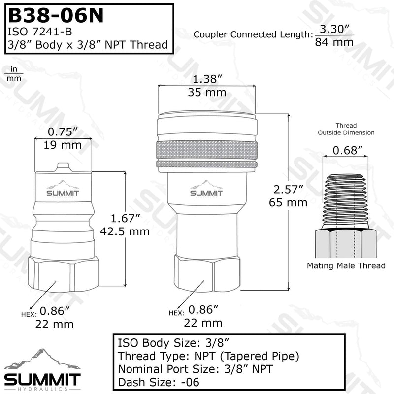 [Australia - AusPower] - Summit Hydraulics 3/8" NPT ISO 7241-B Quick Disconnect Hydraulic Coupling/Coupler Set 