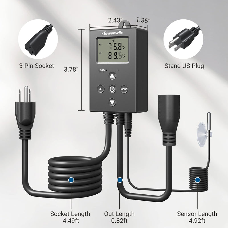 [Australia - AusPower] - DEWENWILS Digital Temperature Controller Thermostat Outlet with Heating & Cooling Mode for Chest Freezer, Home Brewing, Green House, Incubation, Reptiles, -22°-221°F, 120V/10A/1200W 