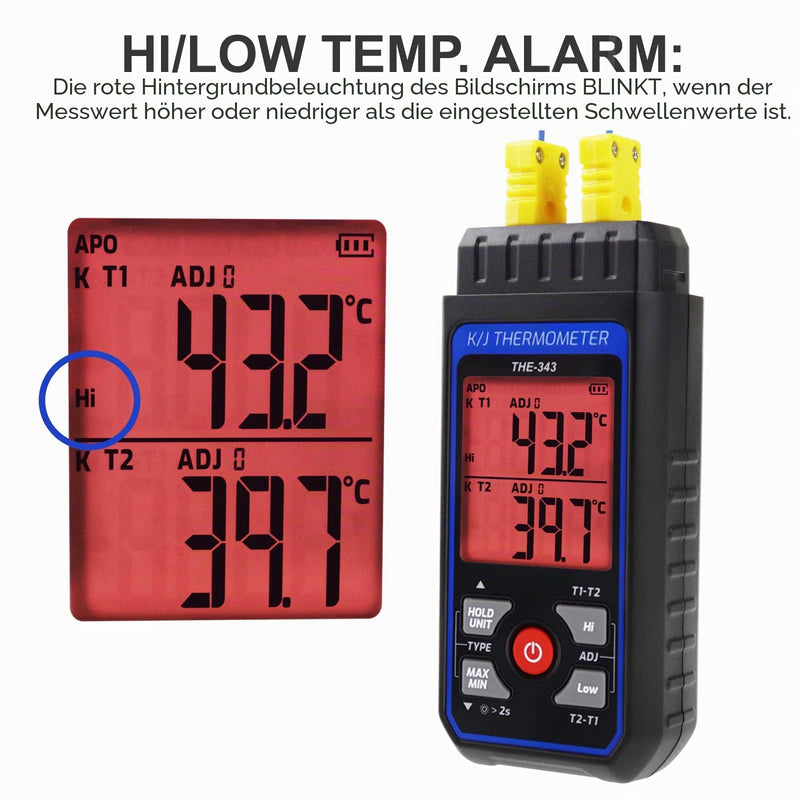 Thermocouple Thermometer, Digital K Type Thermometer with 4 Thermocouples, -200-1372℃ Measuring Range HVAC Thermometer Dual Channels, Temperature Meter LED Backlight and ADJ Compensation