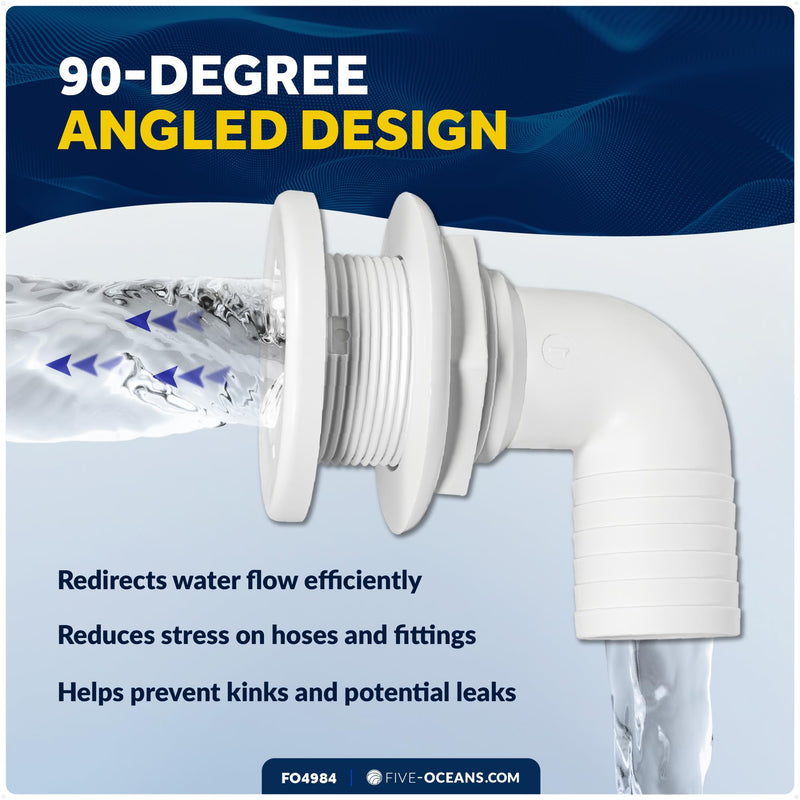 Five Oceans 1-1/2" Angled Thru-Hull Fitting - White ABS Plastic, 90-Degree Marine Boat Drain, Durable & Easy to Install for Boat, Pontoon, and Yachts - FO4984 90° (Angled) – 1-1/2" Hose