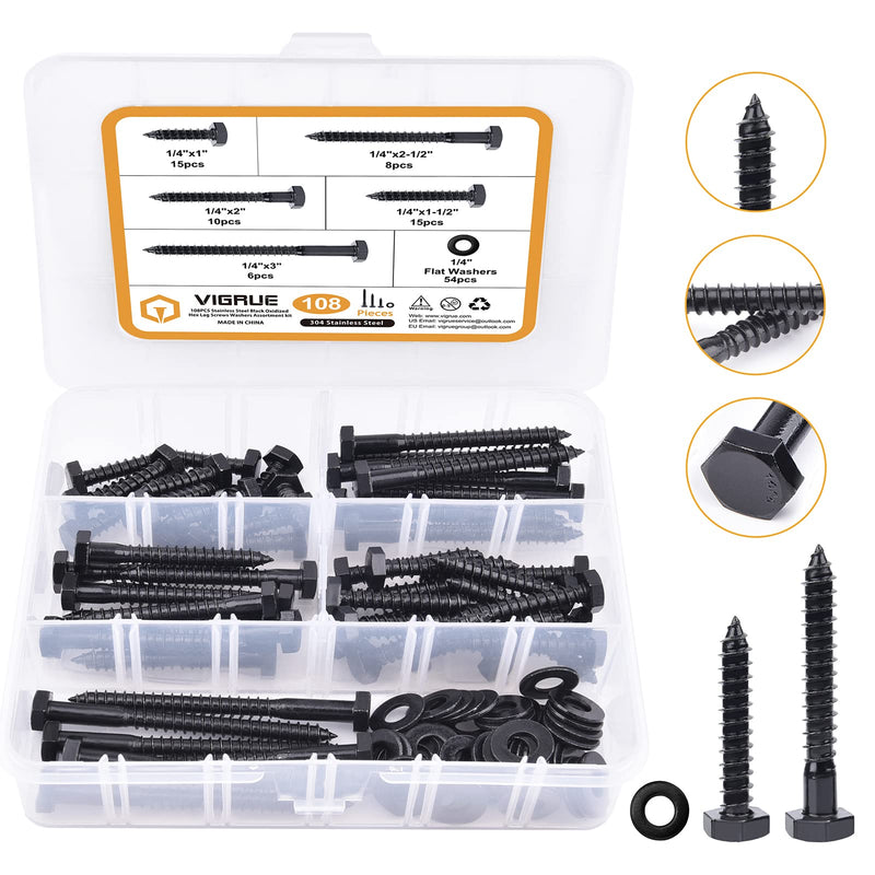 [Australia - AusPower] - 1/4" Hex Lag Bolts Stainless Steel 18-8 (304), VIGRUE 108PCS Black Oxidized, Hex Lag Screws Heavy Duty Wood Screws Washers Assortment kit, Length Include 1" 1-1/2" 2" 2-1/2" 3" 1/4 x 1" to 3" 