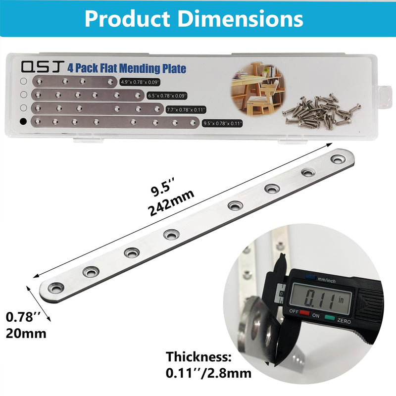[Australia - AusPower] - 4 Pack Flat Straight Bracket Mending Plate for Wood Stainless Steel Straight Brackets 242mm / 9.5" Wood Brace with Screws 9.5 Inch 